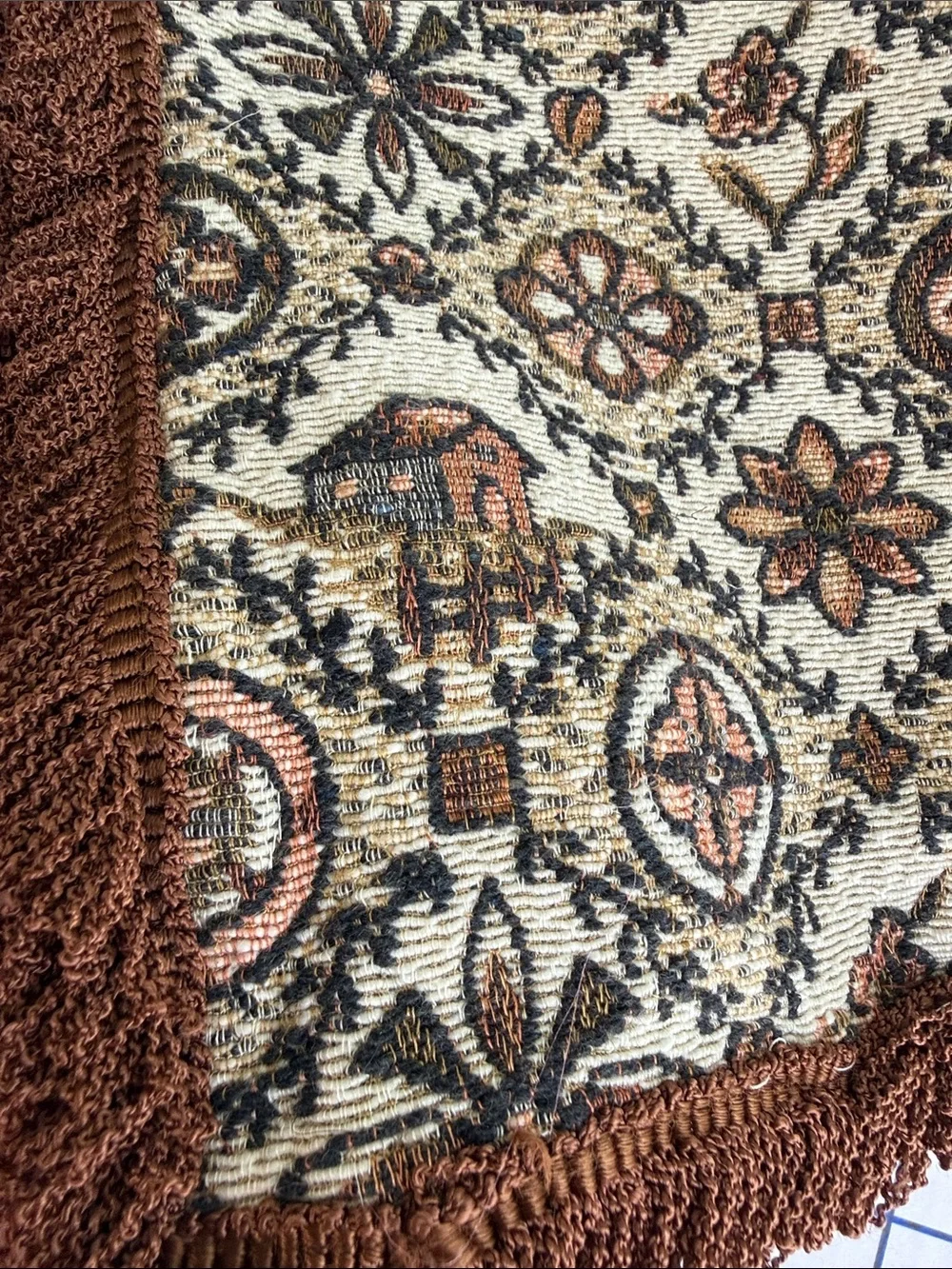 Vintage Folk Art Jacquard Woven Throw Lap Blanket Barn Floral Fringe 50x40